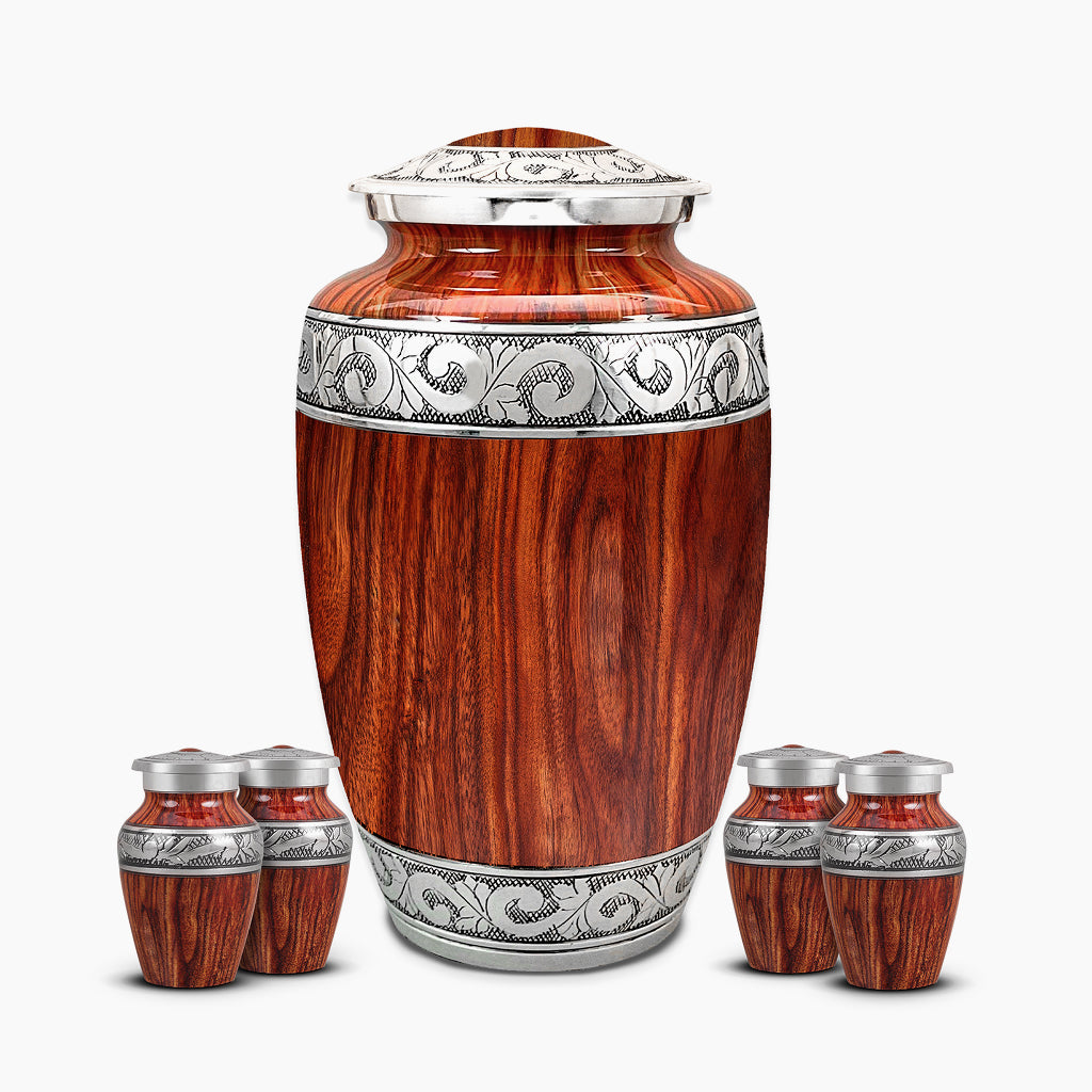 Printed Wood & Silver Hand-Engraved Urn