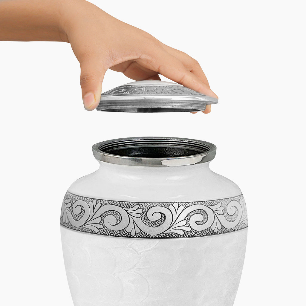 White Patch & Silver Hand-Engraved Urn