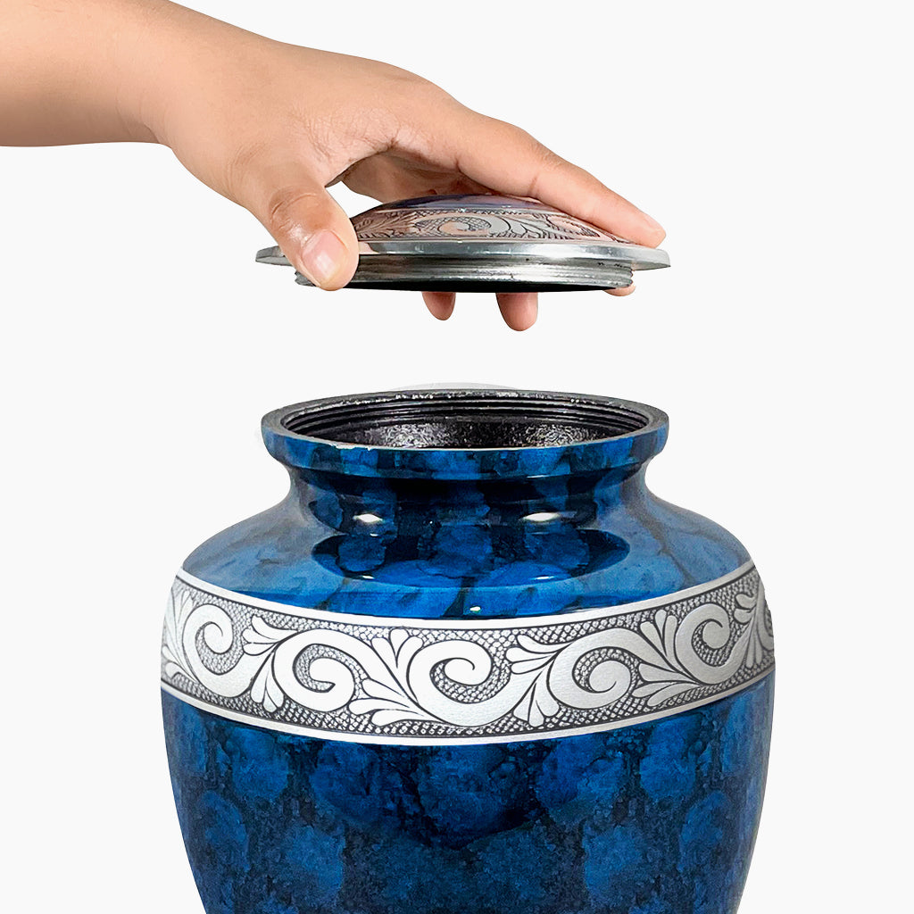 Blue Patch & Silver Engraved Urn