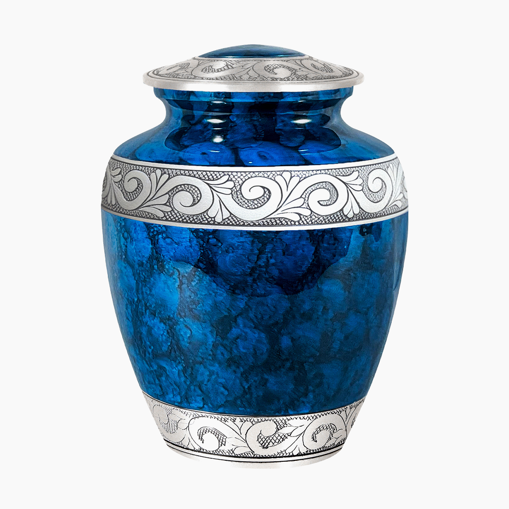 Blue Patch & Silver Engraved Urn